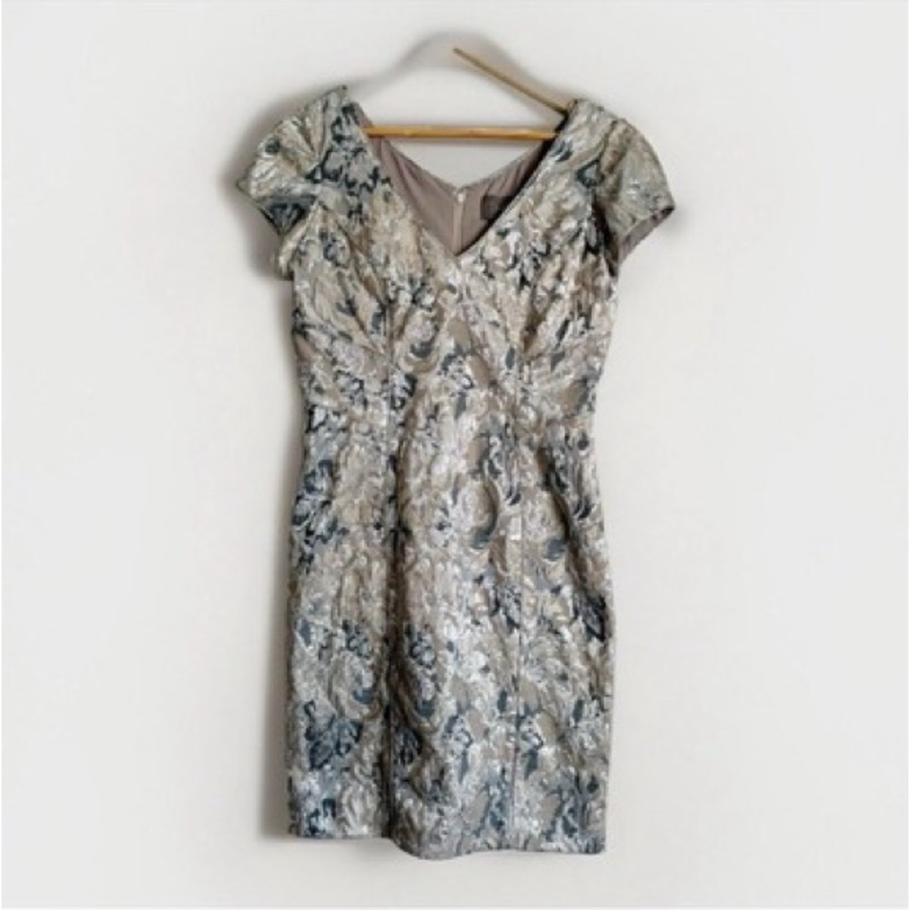 Theia Gray Sheath Mini Dress V-Neck Cap Sleeve